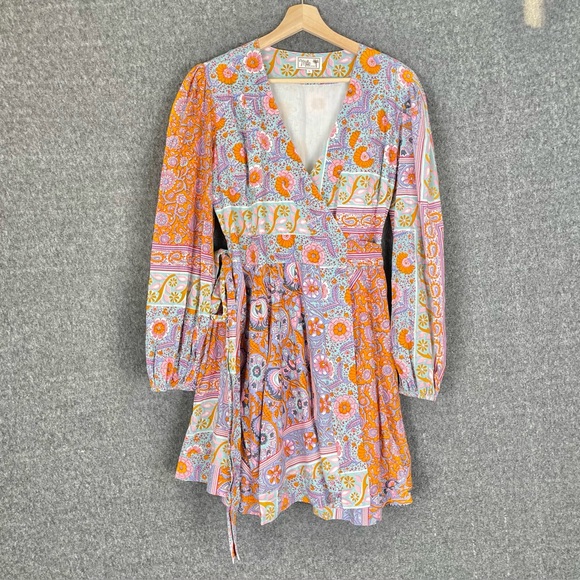 MILLE Dresses & Skirts - MILLE Women’s Boho Nan Floral Long Puff Sleeve Floral Wrap Above Knee Dress L